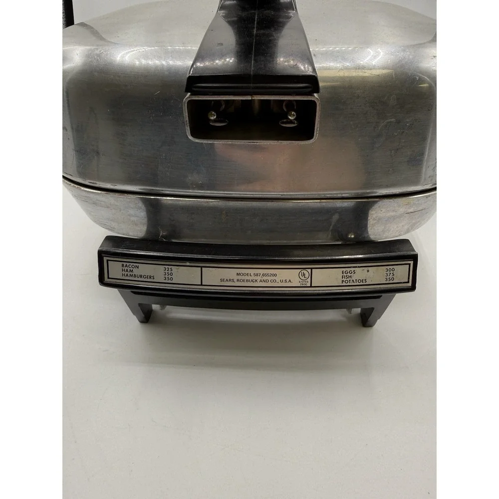 Vtg Sears Electric Stainless Steel Fry Pan w/ Broiler‎ Lid, Power Adapter & Rack
